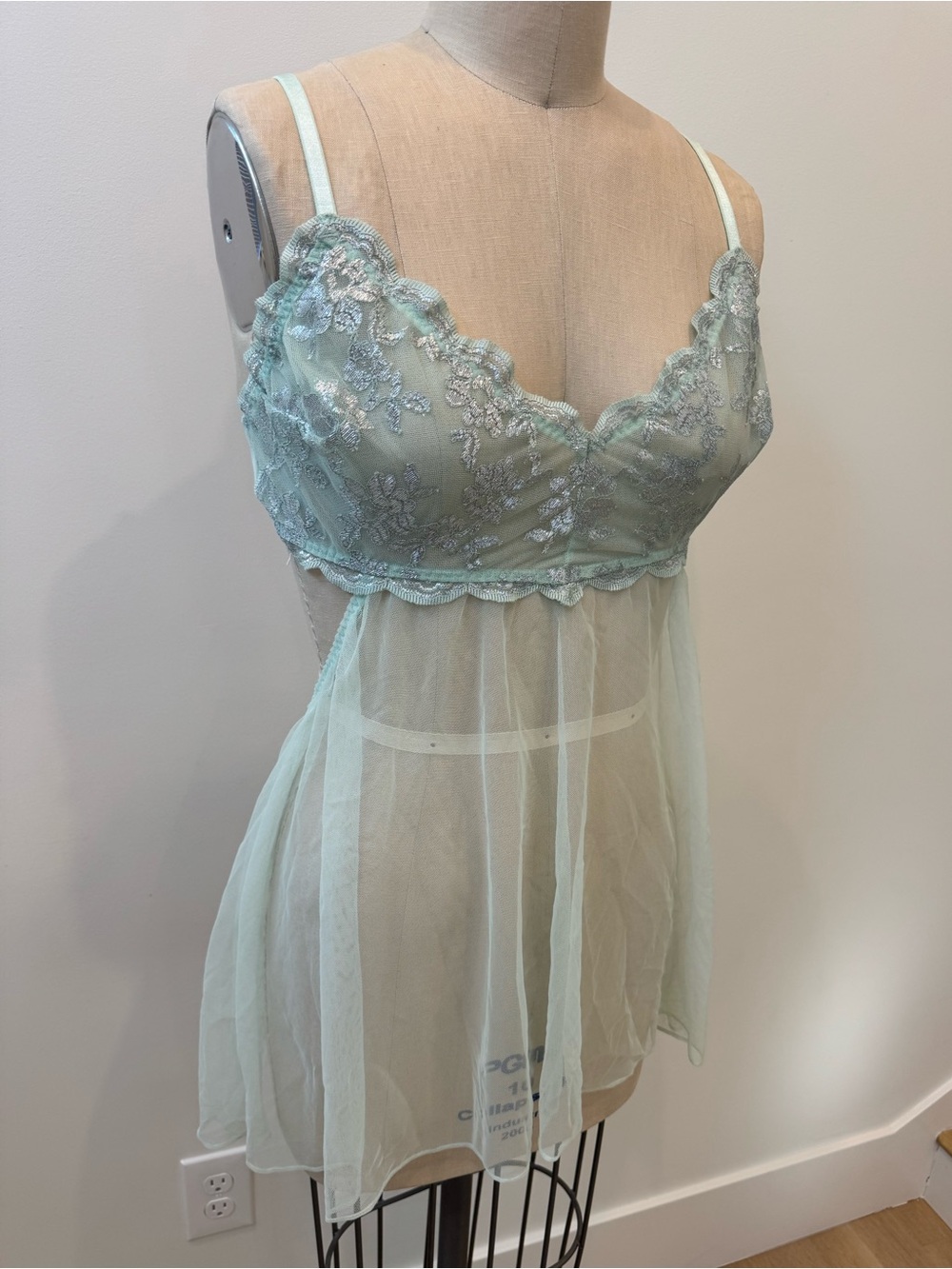Victorias Secret Sheer Lace-Trim Babydoll Lingerie in Mint/Silver